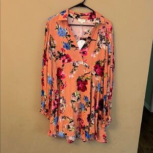Umgee Floral V-Neck Dress in Orange and Pink
